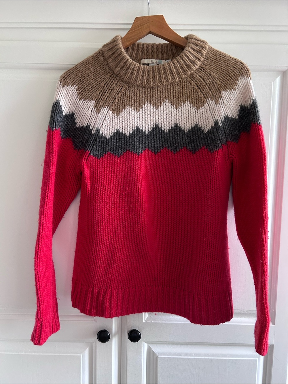 BODEN Red Crewneck Sweater with Beige, White & Charcoal Yoke